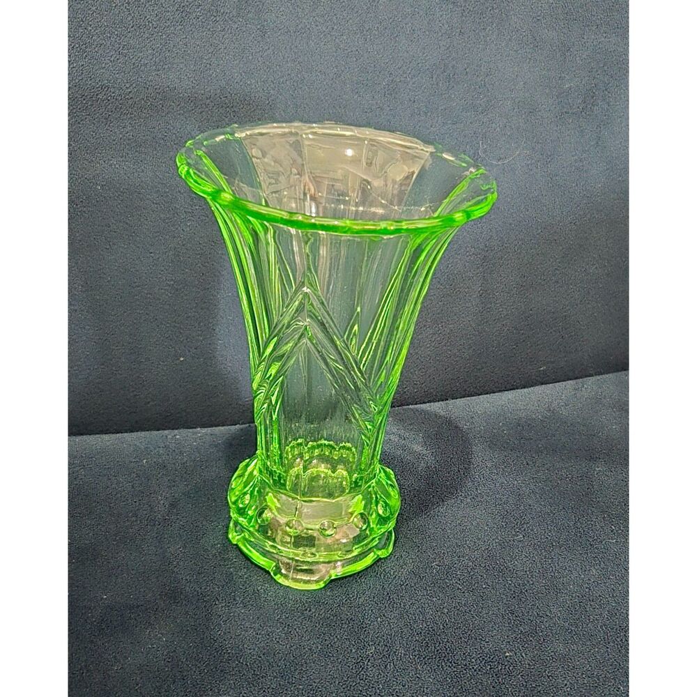 1930s Stölzle Czech Uranium Glass Reversible Chevron Trumpet Vase/Candlestick